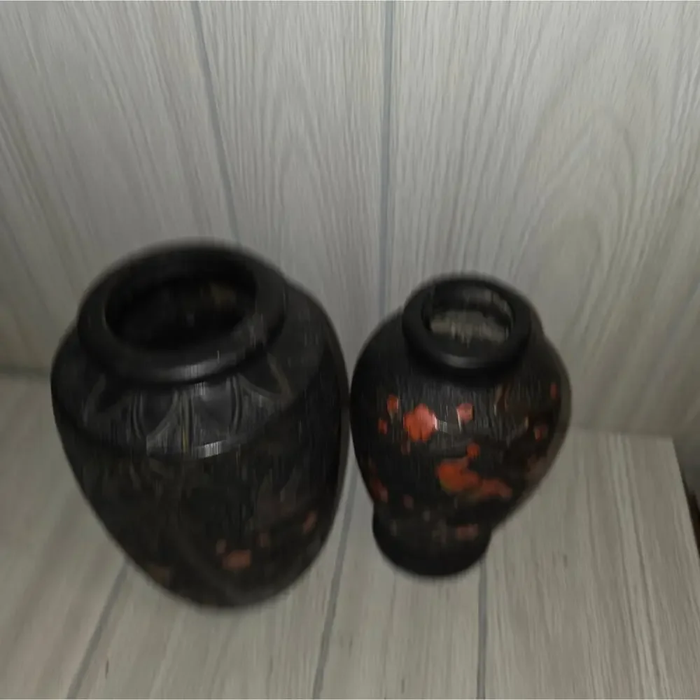 Vtg Early 20th Cetury Japanese Vases Tokanabe Ware Black Pottery Birds Japan